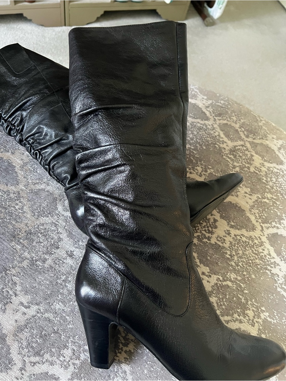 Nine West Black Leather Mid-Calf Heeled Boots